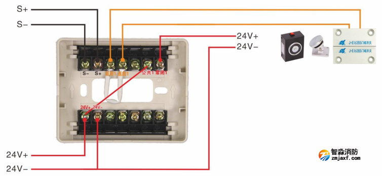 J-EI6341防火門監(jiān)控模塊接電磁釋放器與門磁開關接線圖（常開式防火門）
