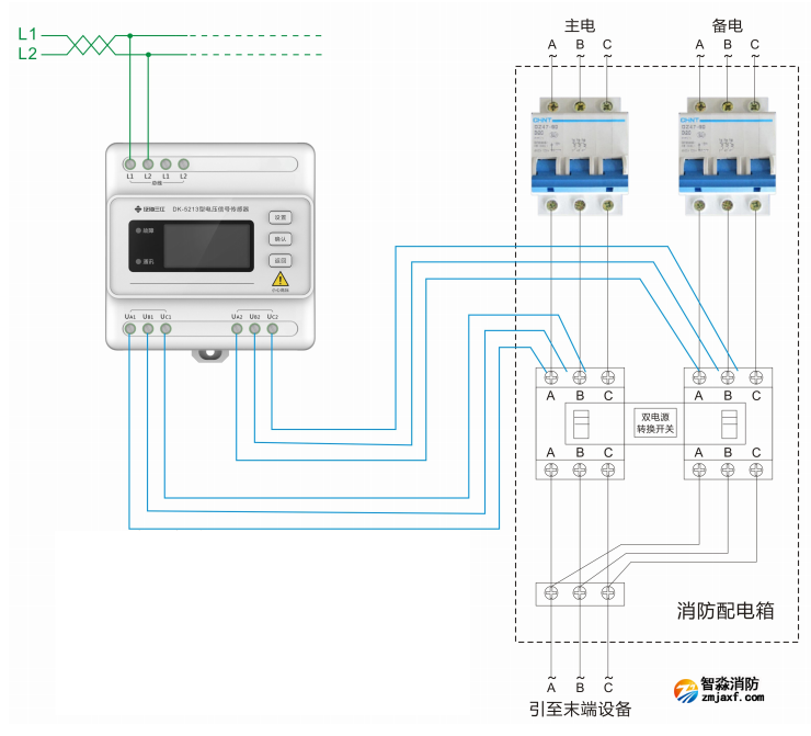 DK-5213三相三線雙電源電壓傳感器接線圖