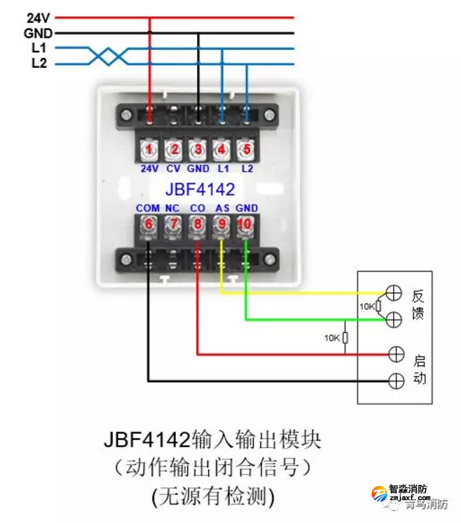 JBF4142輸入/輸出模塊動作輸出閉合信號（無源有檢測）接線圖