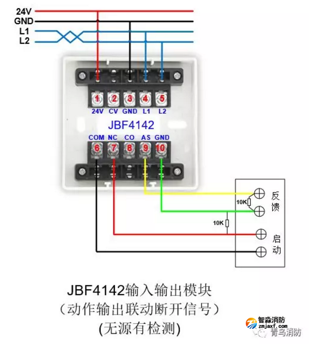 JBF4142輸入/輸出模塊動作輸出聯(lián)動斷開信號（無源有檢測）接線圖