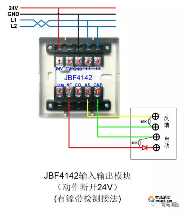 JBF4142輸入/輸出模塊動作斷開24V（有源有檢測）接線圖