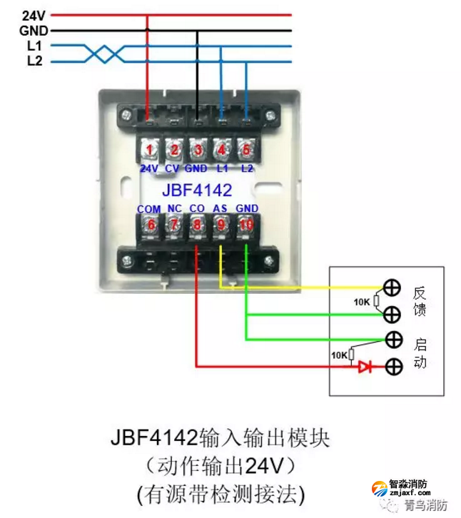 JBF4142輸入/輸出模塊動作輸出24V（有源有檢測）接線圖