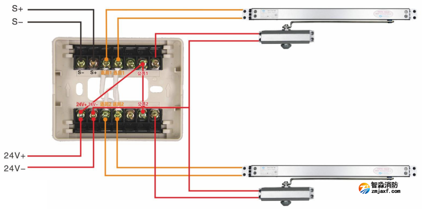J-EI6342防火門監(jiān)控模塊接聯(lián)動(dòng)閉門器接線圖（常開式雙扇防火門）