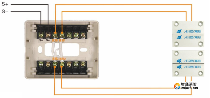 J-EI6342防火門監(jiān)控模塊接門磁開關(guān)接線圖（常閉式雙扇防火門）